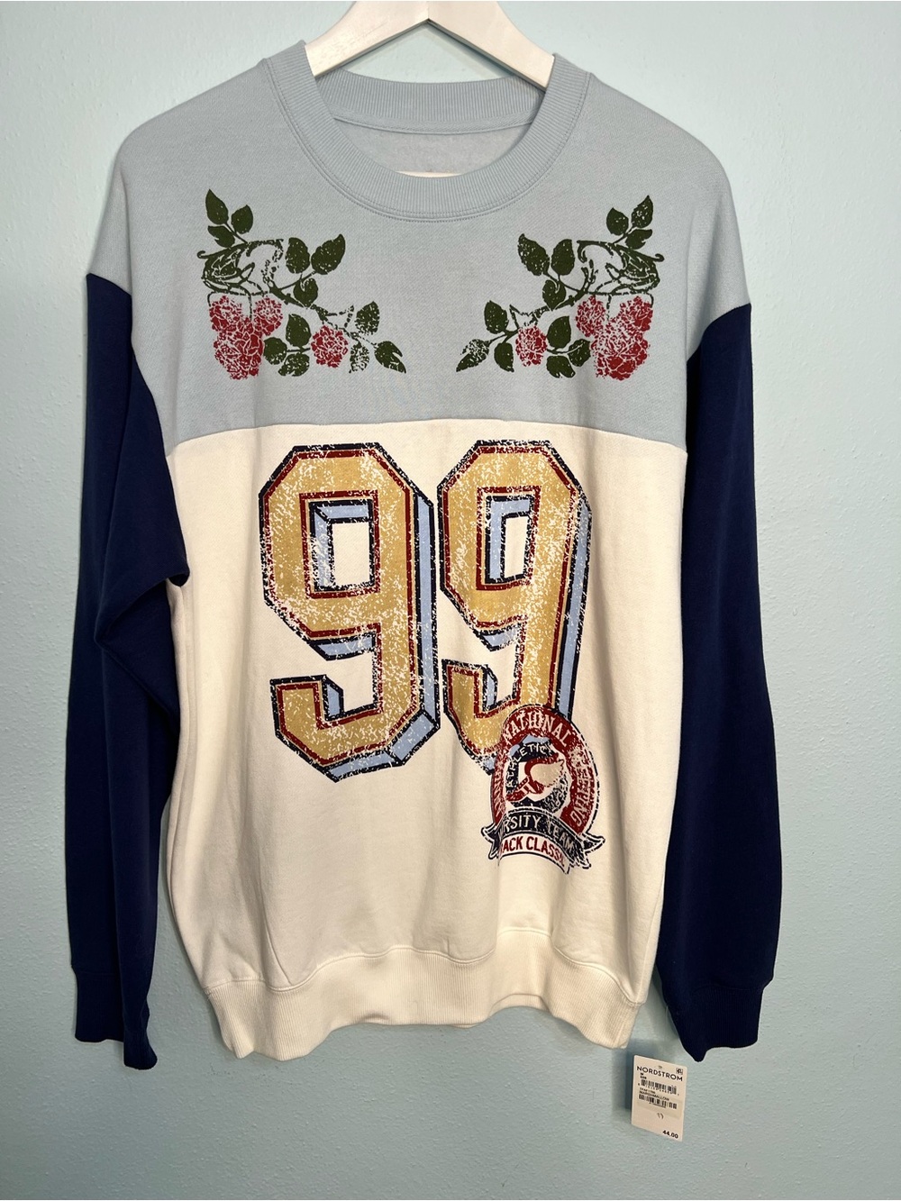 Women’s Colorblock '99 Graphic Crewneck Sweater - Navy, Light Gray, Cream Medium